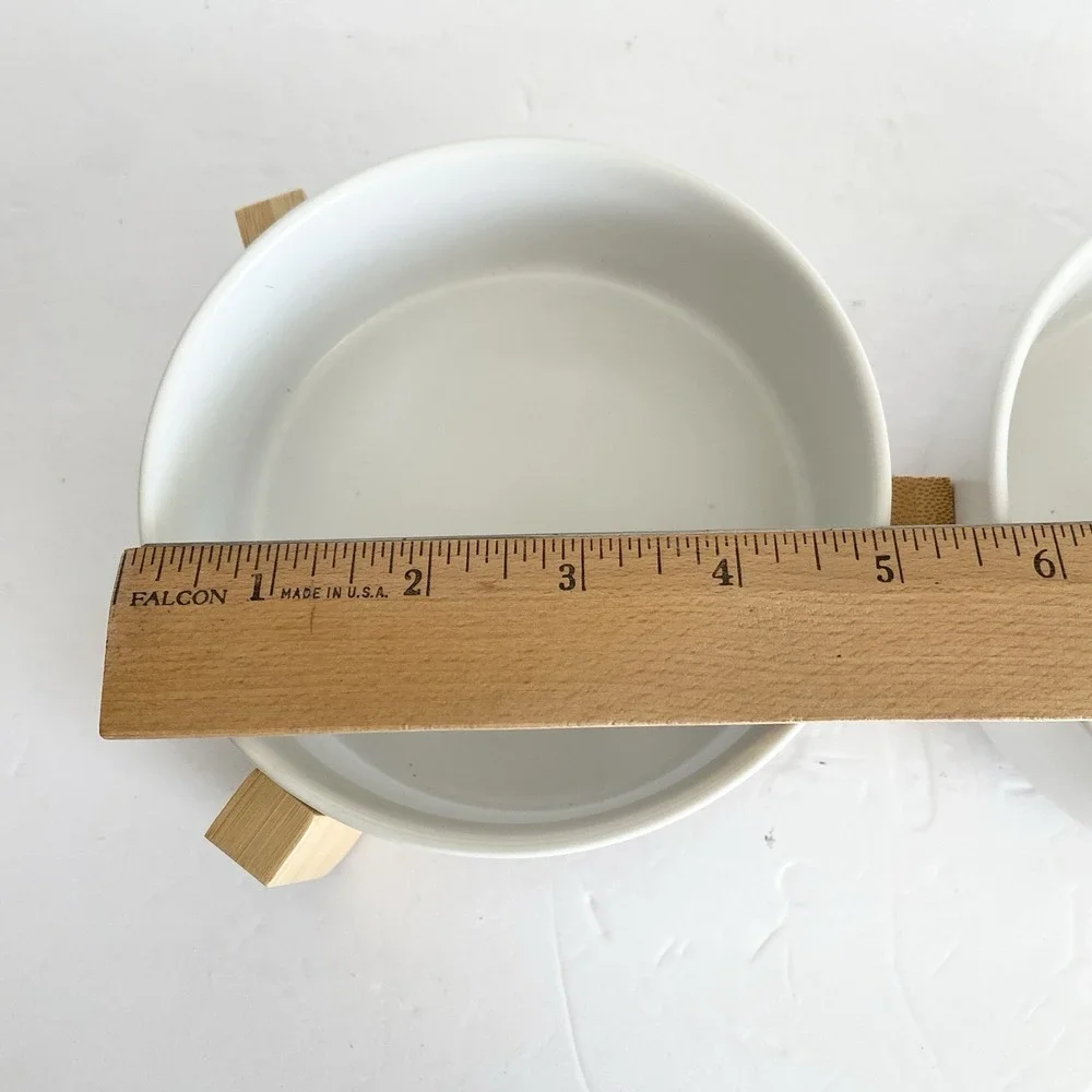 SPUNKYJUNKY White Ceramic Dog Cat Bowl with Wood Stand Small Dogs 13.5oz New‎